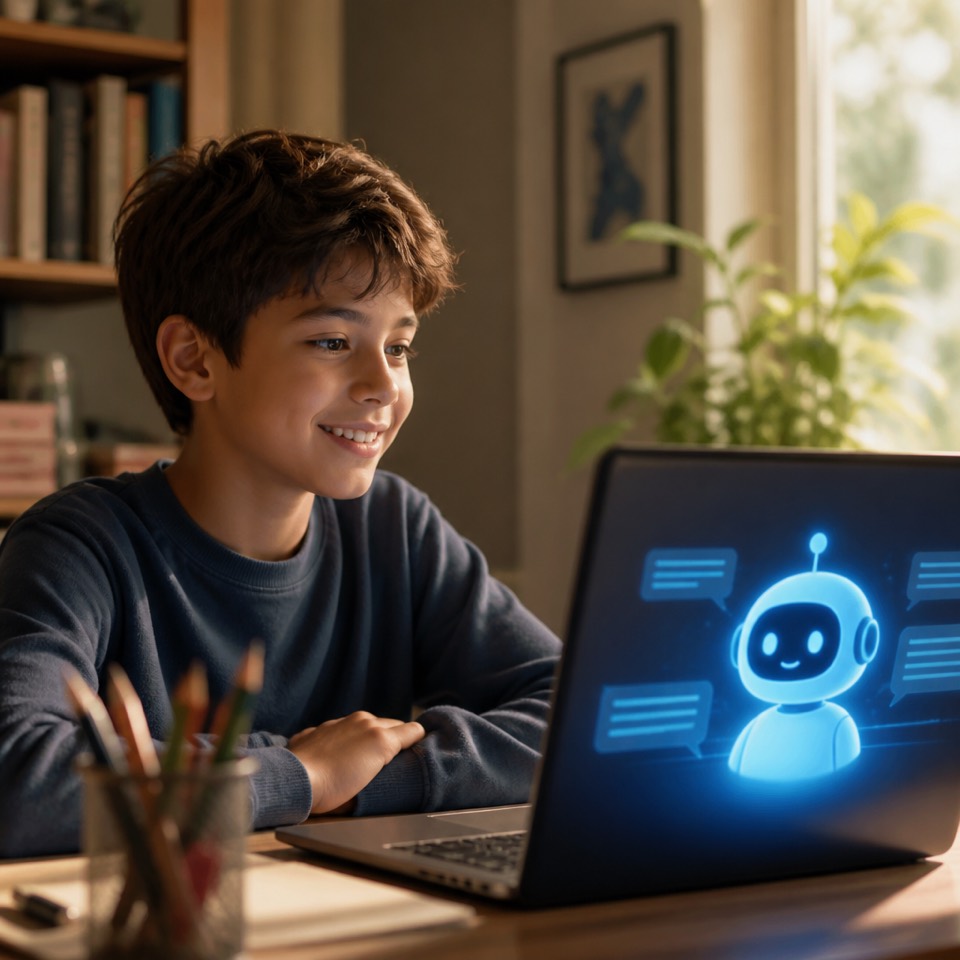 Teen using AI on a laptop at home